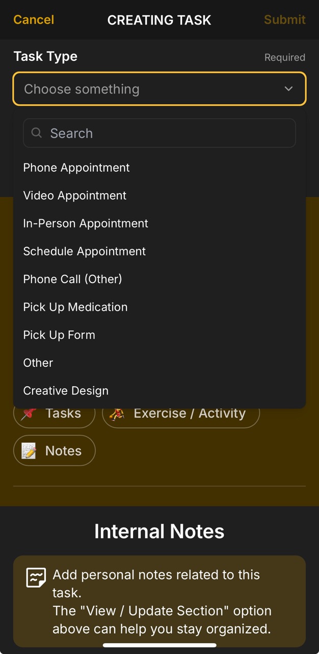 Create Task Page (Task Type Option)
